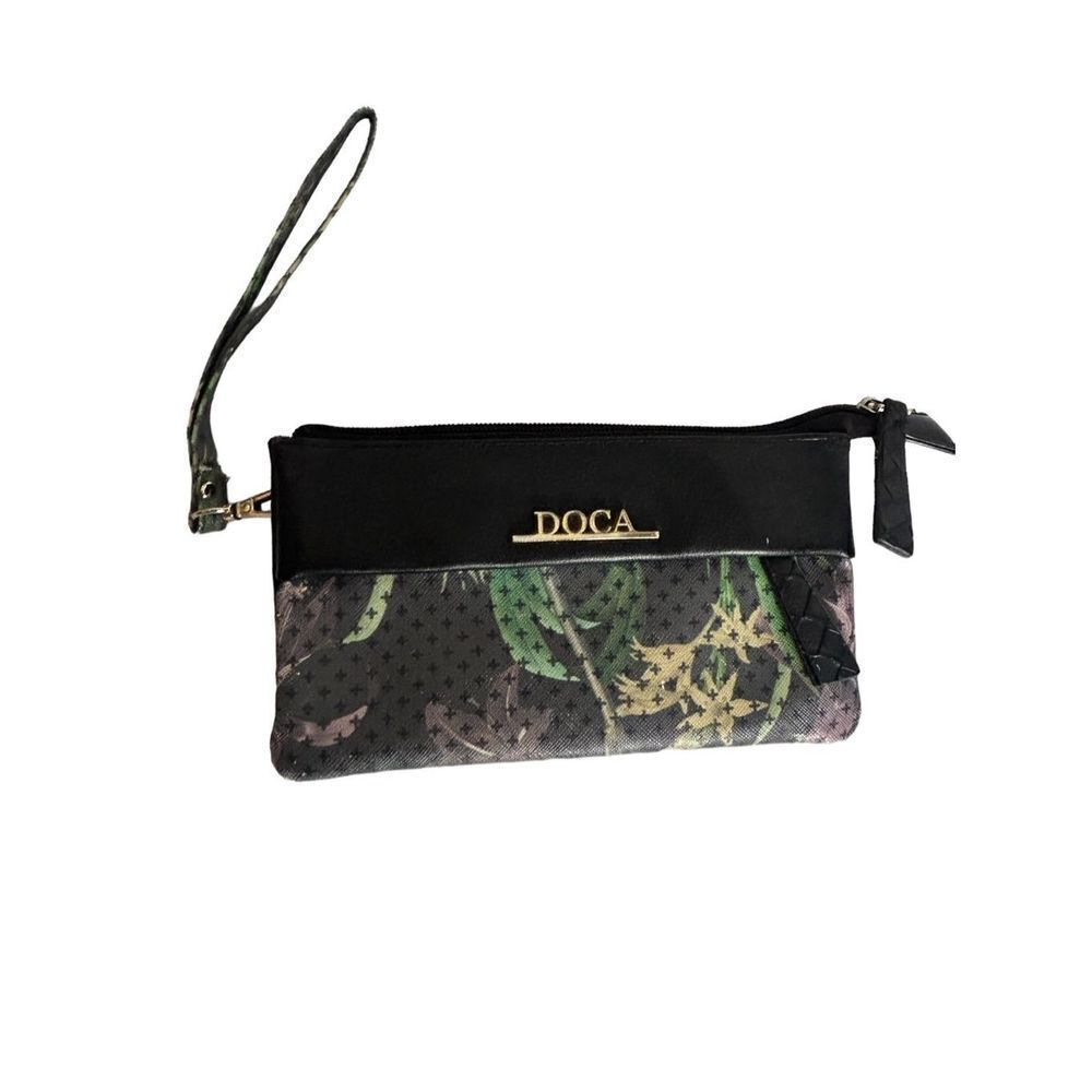 Doca black floral wristlet with black quilted leather - dual pocket logo interio